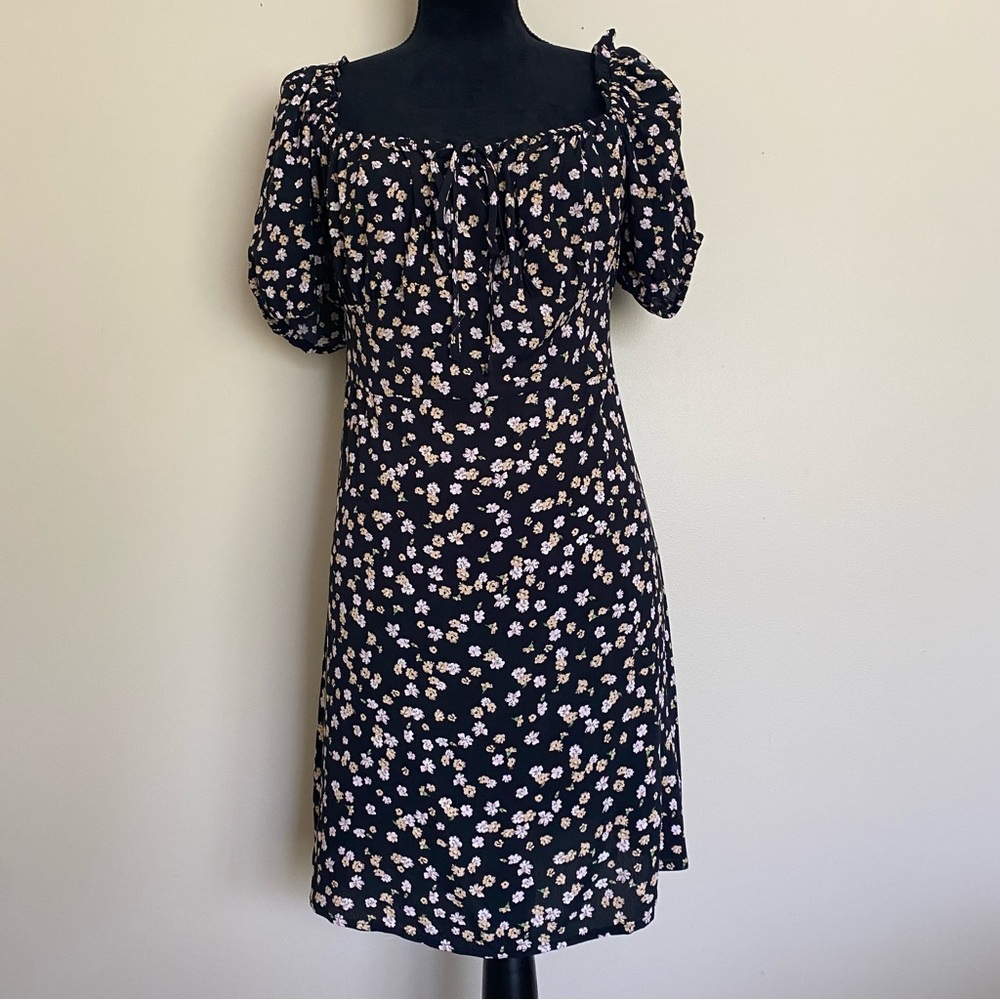 Elodie Black with White and Pink flowers  Puff Sleeve Sundress